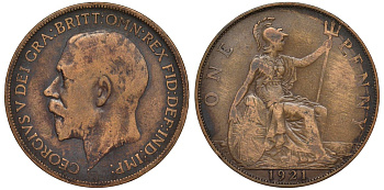 Великобритания 1 пенни 1921 Георг V (1910-1936) KM 810, Spink 4051 бронза 4123-1144