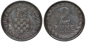 Хорватия 2 куны 1941 королевство KM 2 цинк 4119-853