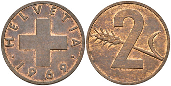 Швейцария 2 раппена 1969 KM 47 бронза 4529-941