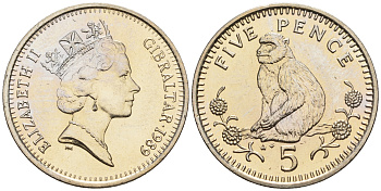 Гибралтар 5 пенсов 1989 АВ обезьяна KM 22 медно-никель UNC 87-625
