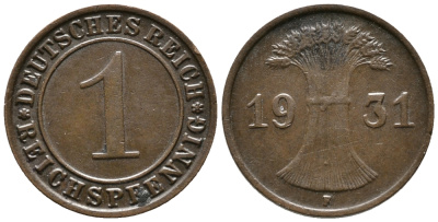 ГЕРМАНИЯ 1 РЕЙХСПФЕННИГ 1931 F KM 37, J. 313 бронза 39-1051