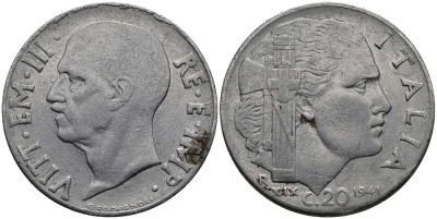 ИТАЛИЯ 20 ЧЕНТЕЗИМО 1941 R, ВИКТОР ИМАНУИЛ, XIX ГОД KM 75b нержавеющая сталь 98-134