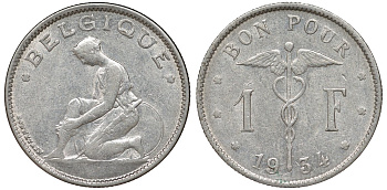 Бельгия 1 франк 1934 Belgique KM 89 никель 51-2153