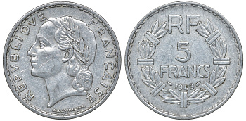 Франция 5 франков 1949 KM 888b.1, Le Franc 339.17 алюминий 4162-233