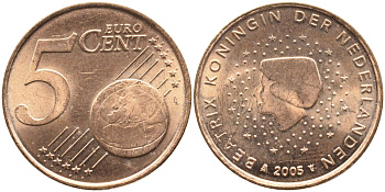 Нидерланды 5 евроцентов 2005 KM 236 сталь плакированная медью UNC 259-643
