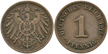Германия 1 пфенниг 1915 A, Вильгельм II (1888-1918) KM 10, J. 10 медь 4608-125