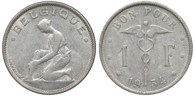 Бельгия 1 франк 1934 Belgique KM 89 никель 51-2153