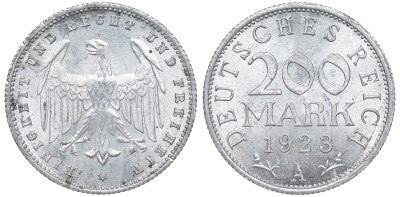 Германия 200 марок 1923 A KM 35, J. 304, Weege 22 алюминий 4604-544