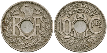 Франция 10 сантимов 1933 KM 866a медно-никель 51-2653