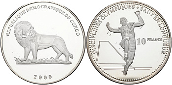 Конго 10 франков 2000 олимпийские дисциплины, прыжки в длинну KM 44 серебро PROOF 04-319-14