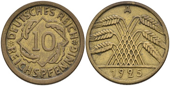 Германия 10 рейхспфеннигов 1925 A KM 40, J.317, Weege 9 алюминиевая бронза 4575-436
