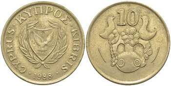 КИПР 10 ЦЕНТОВ 1988 ПТИЧКИ НА ВАЗЕ KM 56.2 никель латунь 117-323