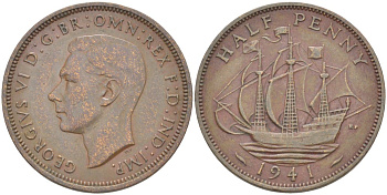 Великобритания 1/2 пенни 1941 Георг VI (1936-1952) KM 844, Spink 4115 бронза 4538-1226