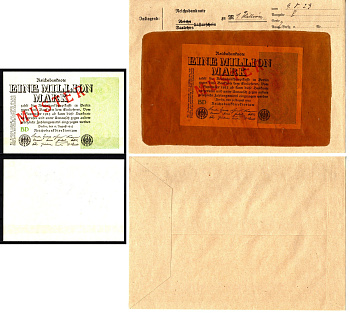 Германия 1000000 марок 1923 темно зеленый, орнамент, 9 августа, MUSTER, образец, Specimen. В оригинальном банковском конверте. Из коллекции Отто Сейфферта (помощник Ялмара Шахта - министра экономики Германии и президента Рейхсбанка времен третьего рейха) 