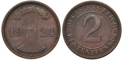 Германия 2 рентенпфеннига 1924 J KM 31, J.307 бронза 4164-369