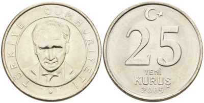 Турция 25 курушей 2005 Кемаль Ататюрк KM 1167 медь никель цинк UNC 4681-1223