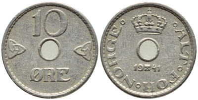НОРВЕГИЯ 10 ЭРЕ 1941 ХОКОН VII (1905-1957) KM 383 медно-никель 4396-365