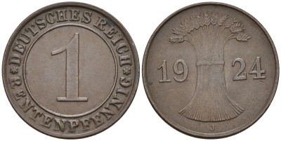 Германия 1 рентенпфенниг 1924 J KM 30, J.306, Weege 1 медь 4585-547
