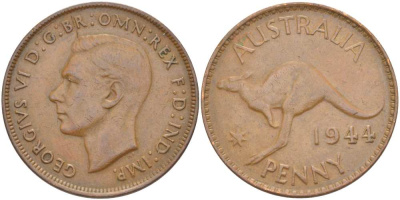 АВСТРАЛИЯ 1 ПЕННИ 1944 p, ГЕОРГ VI (1936-1952), КЕНГУРУ KM 36 бронза 4512-1134