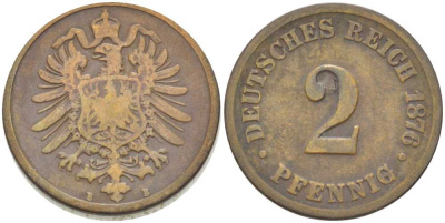 ГЕРМАНИЯ 2 ПФЕННИГА 1876 B, СТАРОГЕРБОВКА KM 2, J. 2, Weege 3 медь 212-624