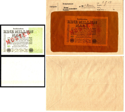 Германия 1000000 марок 1923 темно зеленый, орнамент, 9 августа, MUSTER, образец, Specimen. В оригинальном банковском конверте. Из коллекции Отто Сейфферта (помощник Ялмара Шахта - министра экономики Германии и президента Рейхсбанка времен третьего рейха) 