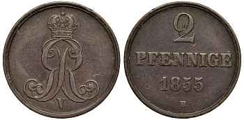 Брауншвейг-Каленберг-Ганновер 2 пфеннига 1855 B, Георг V (1851-1866) KM 217,aKS 152, J. 84 медь 4142-237