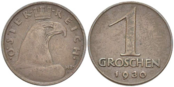 АВСТРИЯ 1 ГРОШ 1930 KM 2836 бронза 4523-233