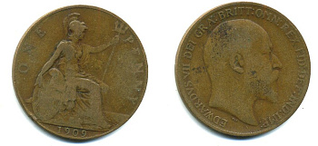 Великобритания 1 пенни 1909 Эдуард VII (1901-1910) KM 794.2, Spink 3990 бронза 47-736