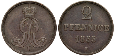 Брауншвейг-Каленберг-Ганновер 2 пфеннига 1855 B, Георг V (1851-1866) KM 217,aKS 152, J. 84 медь 4142-237