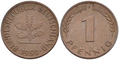 ФРГ 1 пфенниг 1950 J KM 105, J. 380 сталь плакированная медью    4115-111
