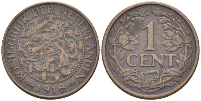 НИДЕРЛАНДЫ 1 ЦЕНТ 1918 ВИЛЬГЕЛЬМИНА I (1891-1948) KM 152 бронза 4547-914