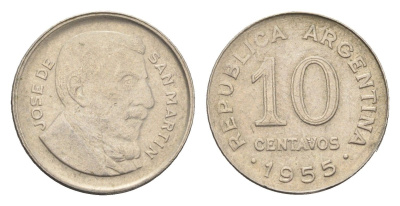 Аргентина 10 сентаво 1955 генерал Хосе де Сан Мартин KM 51 сталь плакированная никелем 4664-554
