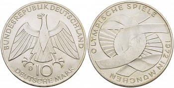 ФРГ 10 марок 1972 D, XX летние Олимпийские игры 1972 года в Мюнхене, символика KM 131, J.402 серебро UNC 3457-341