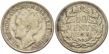 Нидерланды 10 центов 1939 Вильгельмина I (1890-1948) KM 163 серебро 84-958