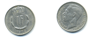 ЛЮКСЕМБУРГ 1 ФРАНК 1978 ВЕЛИКИЙ ГЕРЦОГ ЖАН (1964-2000) KM 55 медно-никель 86-744