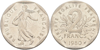 Франция 2 франка 1980 сеятель KM 942.1, Le Franc 272.4 никель 4587-1145
