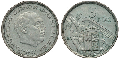 ИСПАНИЯ 5 ПЕСЕТ 1957 (73) ФРАНСИСКО ФРАНКО ДИКТАТОР ИСПАНИИ (1939-1975) KM 786 медно-никель 72-953