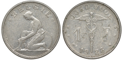 Бельгия 1 франк 1923 Belgie, Альберт I (1909-1934) KM 90 никель 51-414