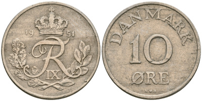 Дания 10 эре 1951 N; S, Фредерик IX (1947-1972) KM 841 медно-никель 08-1319