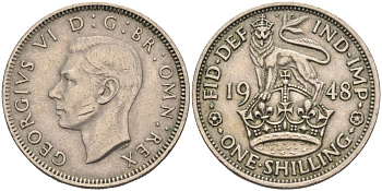 Великобритания 1 шиллинг 1948 Георг VI (1936-1952), Английский герб KM 863, Spink 4103 медно-никель 4126-442