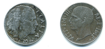 ИТАЛИЯ 20 ЧЕНТЕЗИМО 1941 R, ВИКТОРИО ИМАНУИЛ, ГОД XIX, МАГНИТНАЯ KM 75b сталь 71-1523