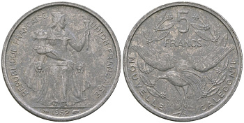 Французская Новая Каледония 5 франков 1952 птица кагу, (IEOM) KM 4, Schoen 4, Lec 71 алюминий 179-234