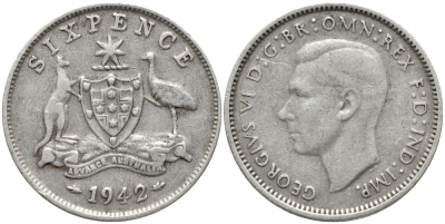Австралия 6 пенсов 1942 m, Георг VI (1937-1952), герб Австралии KM 38 серебро 220-857