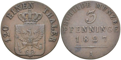 ПРУССИЯ 3 ПФЕННИГА 1827 А, ФРИДРИХ ВИЛЬГЕЛЬМ III (1797-1840), ВЕС 4,56 ГР., МОНДВОР БЕРЛИН KM 407, Jaeger 44, AKS 33, Olding 189. медь 31-1057