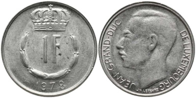 ЛЮКСЕМБУРГ 1 ФРАНК 1978 ВЕЛИКИЙ ГЕРЦОГ ЖАН (1964-2000) KM 55 медно-никель 113-537