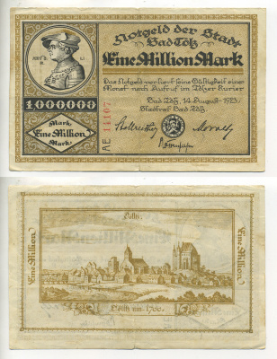 Германия, Бад-Тёльц 1000000 марок 1923 нотгельд, 14 августа 1923, земля Бавария   бумага   7217-82-2-2