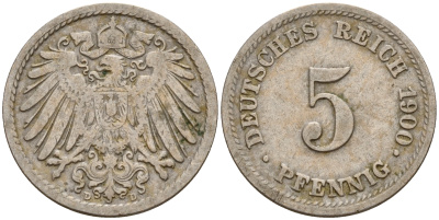 Германия 5 пфеннигов 1900 D J.12, KM 11 медно-никель    4598-1127
