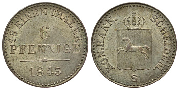 ГАННОВЕР 6 ПФЕННИГОВ 1843 S KM 198.1, AKS 119 серебро UNC 1515-2331