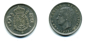 Испания 5 песет 1975 (79) Хуан Карлос I (1975-2014) KM 807 медно-никель 51-4441