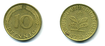 ФРГ 10 ПФЕННИГОВ 1980 G KM 108, J.383 сталь плакированная латунью 46-1317